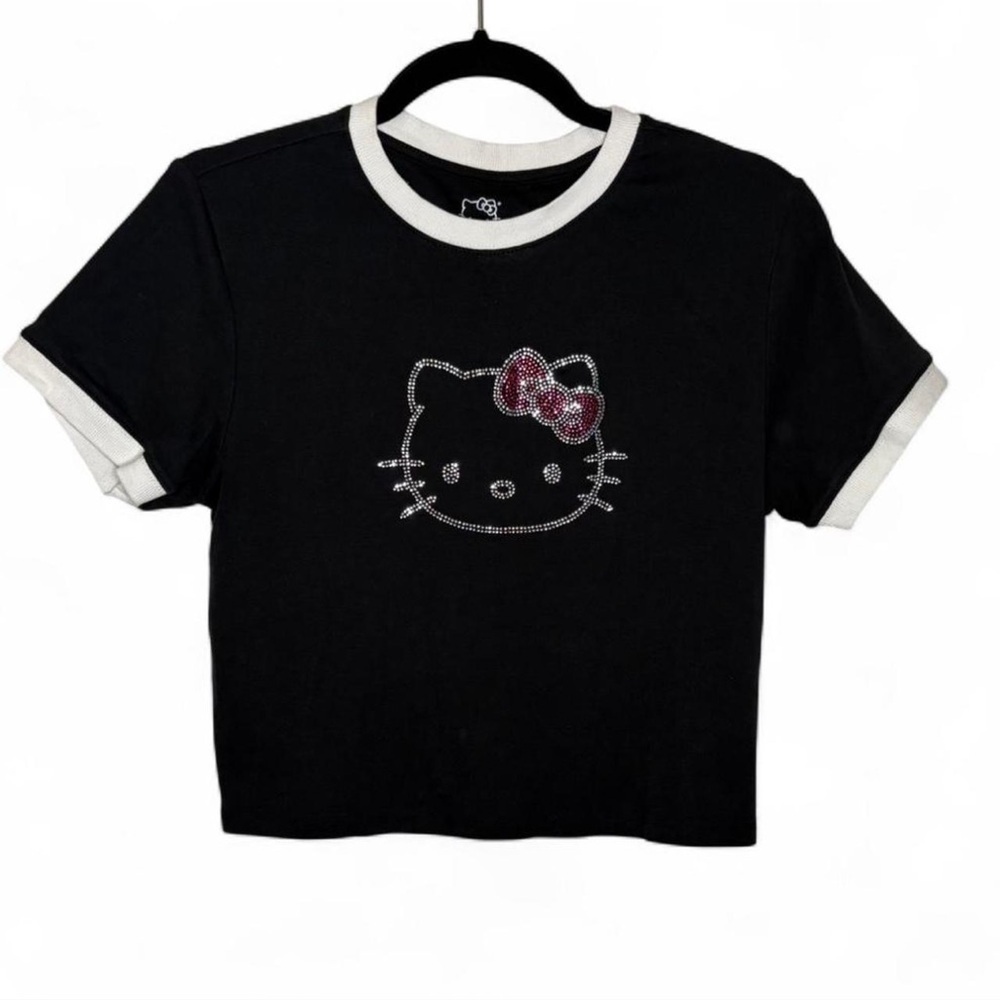 Hello Kitty XL Black Ringer Tee Rhinestone Bow Graphic Baby Doll Shirt